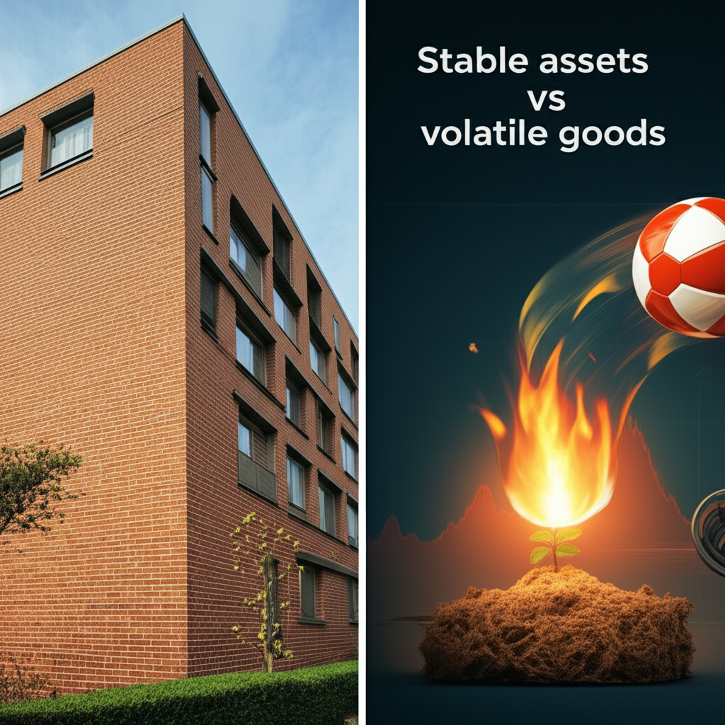 Visual comparison of stable assets like gold and bonds versus volatile commodities like oil and agricultural goods