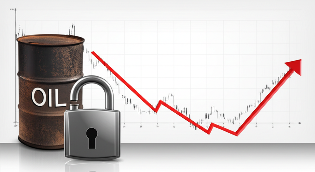 Oil barrel alongside a market graph and security symbols, illustrating the impact of reserves on energy markets