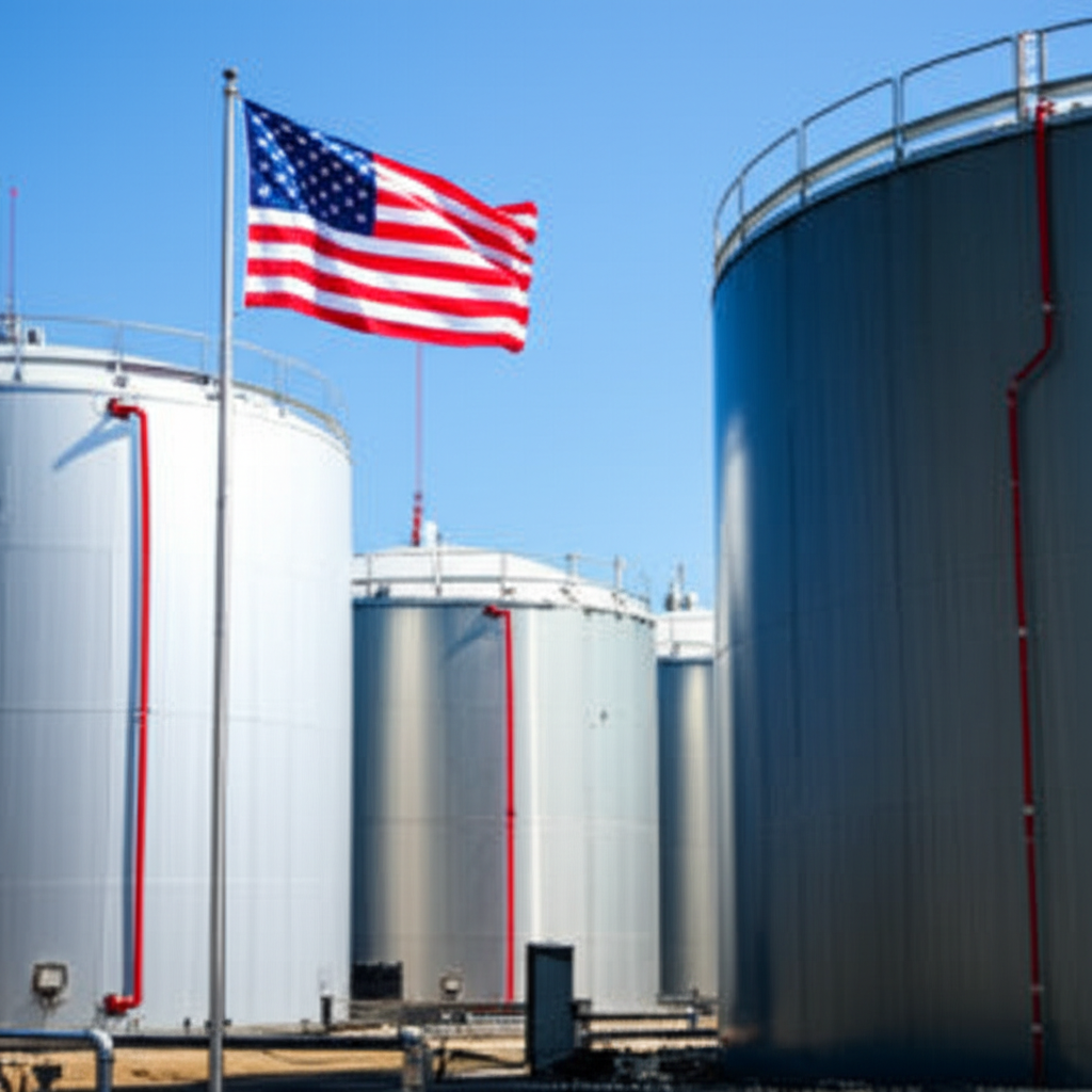 Underground oil storage facilities in the U.S. with an American flag overlay, symbolizing national energy security