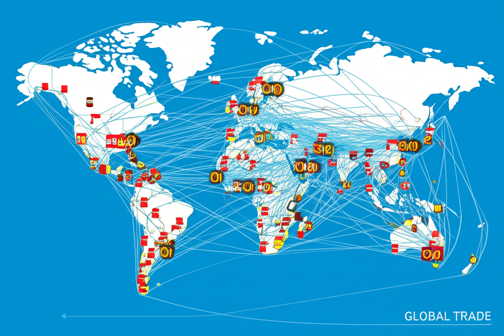 Global trade routes and commodity flow visualization showing international shipping lanes, pipelines, and transport networks connecting resource-rich regions to major economic hubs
