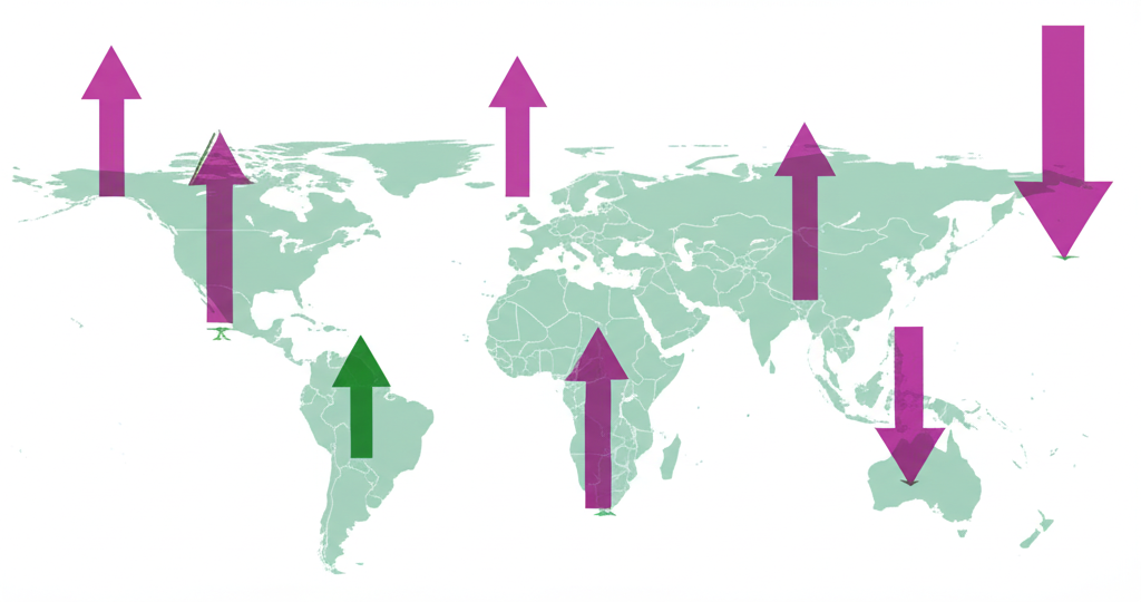 Global market with volatile price charts showing sharp swings in oil, grain, and metal values
