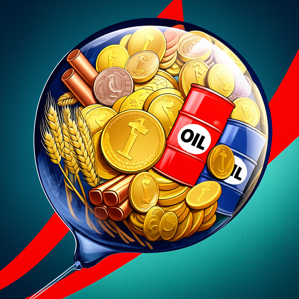 Rising commodity prices forming a bubble with an upward-trending graph inside an inflated balloon