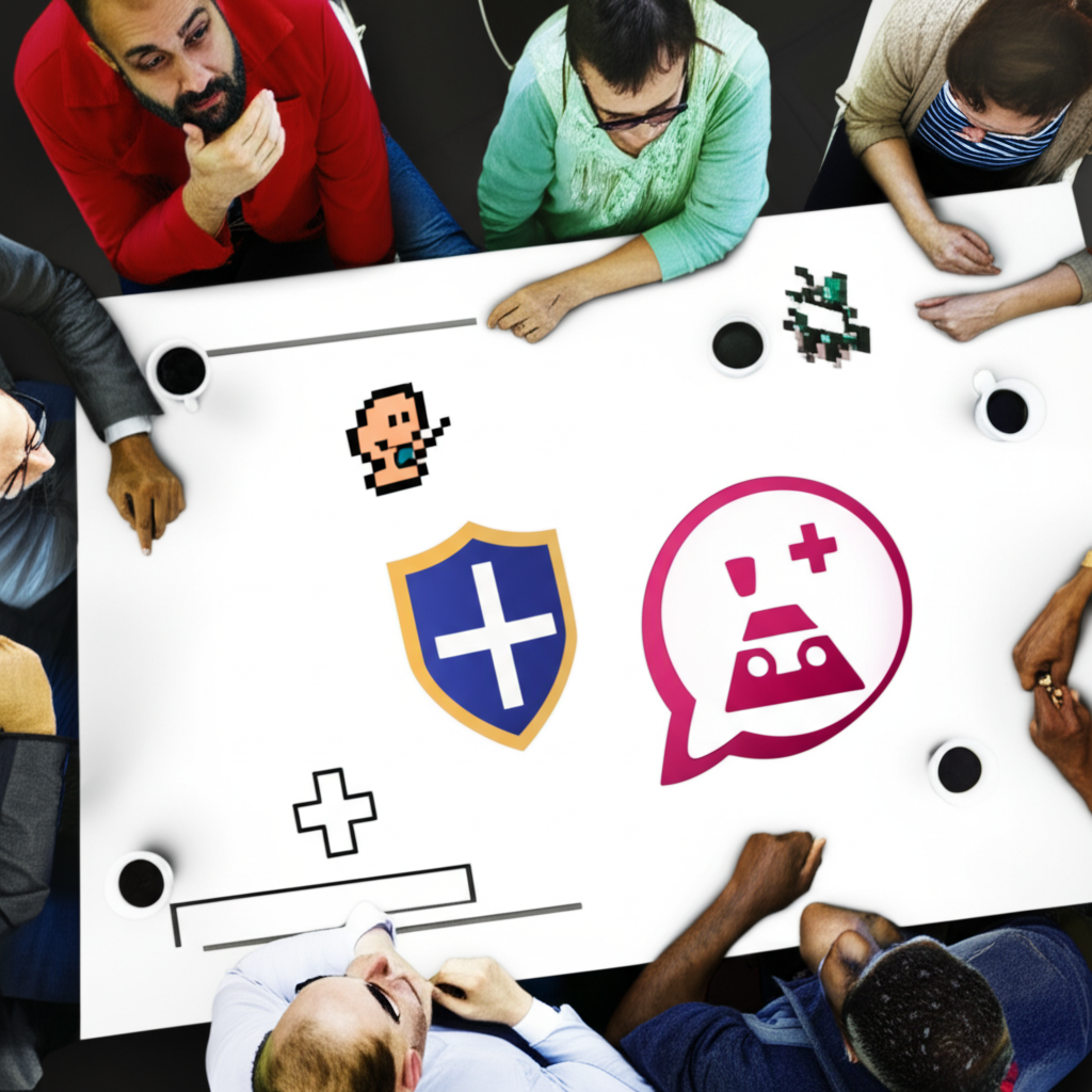 Diverse group of investors reviewing charts amid icons of gaming elements like controllers and virtual reality headsets