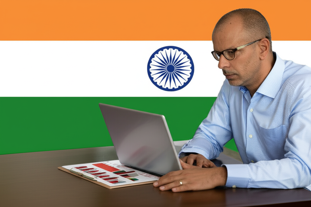 American investor analyzing real-time data on India's commodity markets using financial charts and global trend reports
