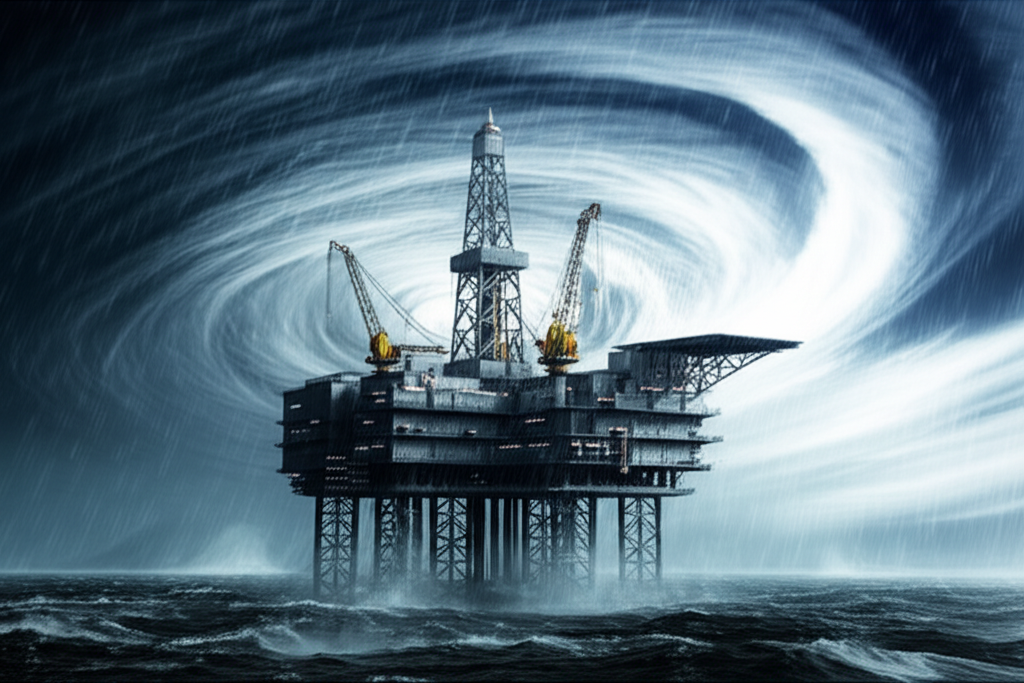 Illustration of a hurricane swirling over an offshore oil platform in the Gulf of Mexico