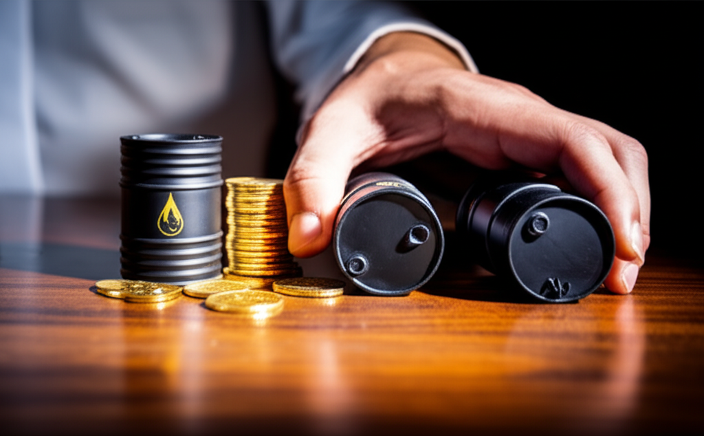 Illustration of a hand representing the Federal Reserve manipulating commodity market trends such as oil barrels, gold bars, and wheat bundles