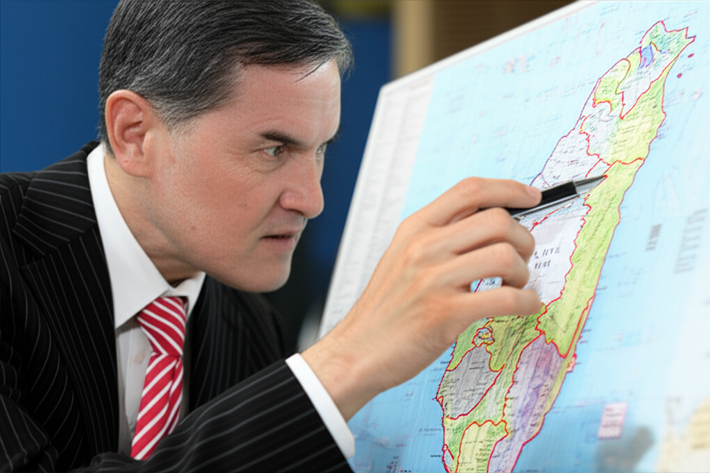 US investor examining a map highlighting Taiwan's position in global markets