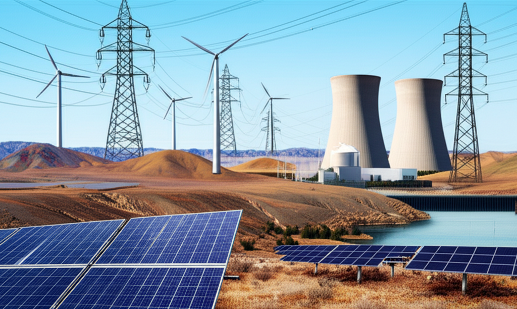 Illustration of the US energy grid integrating diverse sources like solar panels, wind turbines, oil rigs, and natural gas facilities