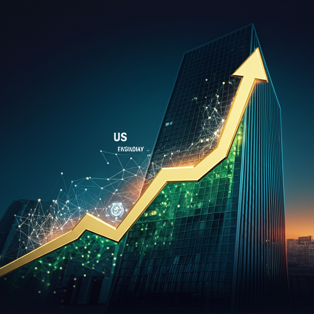 Illustration of the US economy with interconnected gears labeled 'resilience,' 'innovation,' 'energy,' and 'agriculture,' symbolizing a stable and forward-looking economic future amid global volatility