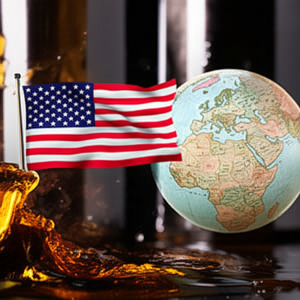 Middle East oil fields with US flag and globe symbolizing geopolitical ties to American energy security