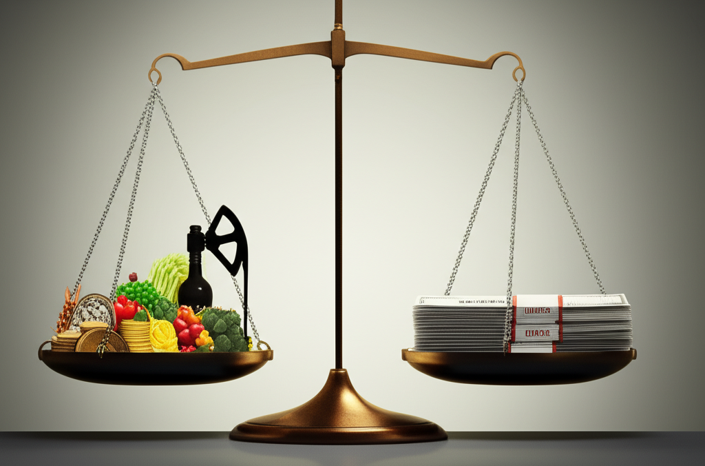 Economic scales balancing commodities and bonds