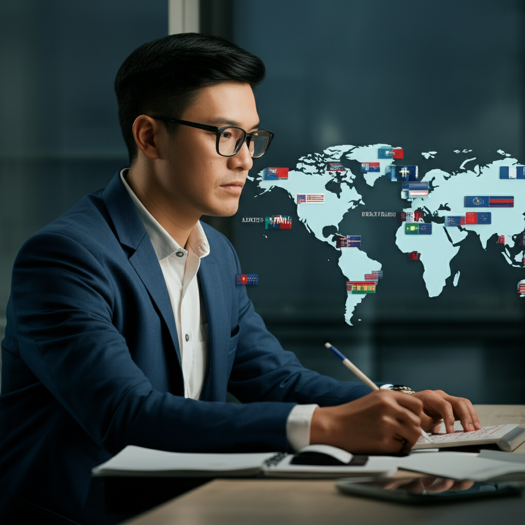 An American investor at a desk, reviewing charts and data on global ETFs, including Hong Kong options, on a computer screen to inform investment decisions