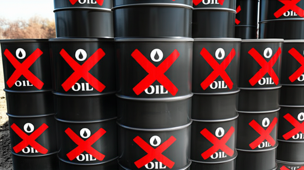 Oil barrels marked with prohibition symbols representing international sanctions on energy exports