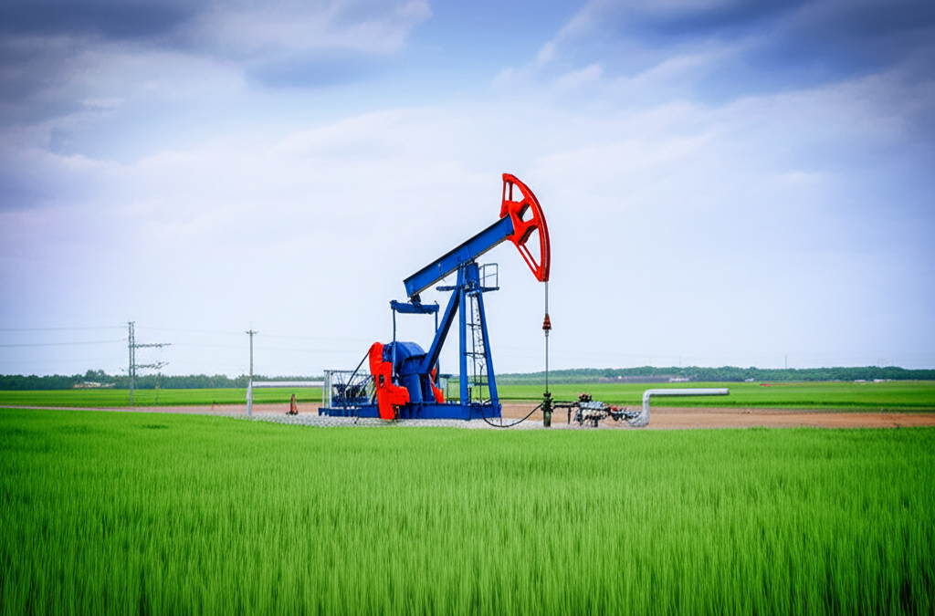 Shale oil rig operating in a lush green landscape