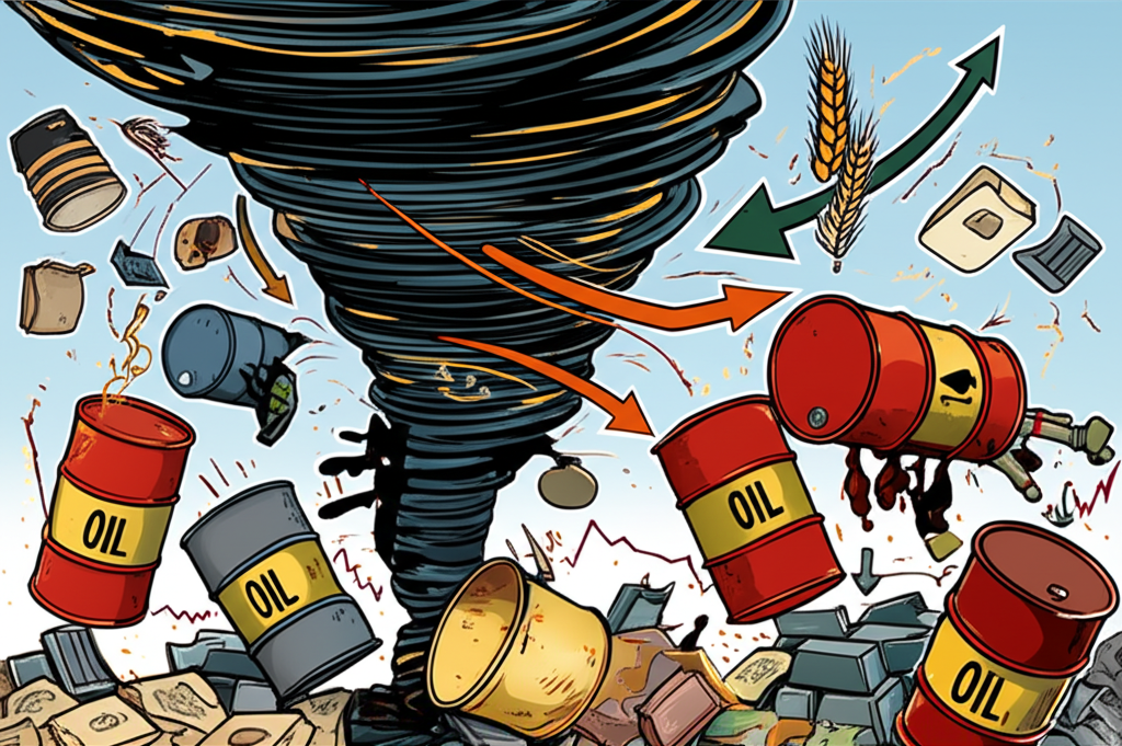Illustration depicting global commodity markets in chaos, with oil rigs, grain silos, and shipping routes under strain amid rising prices and geopolitical tension