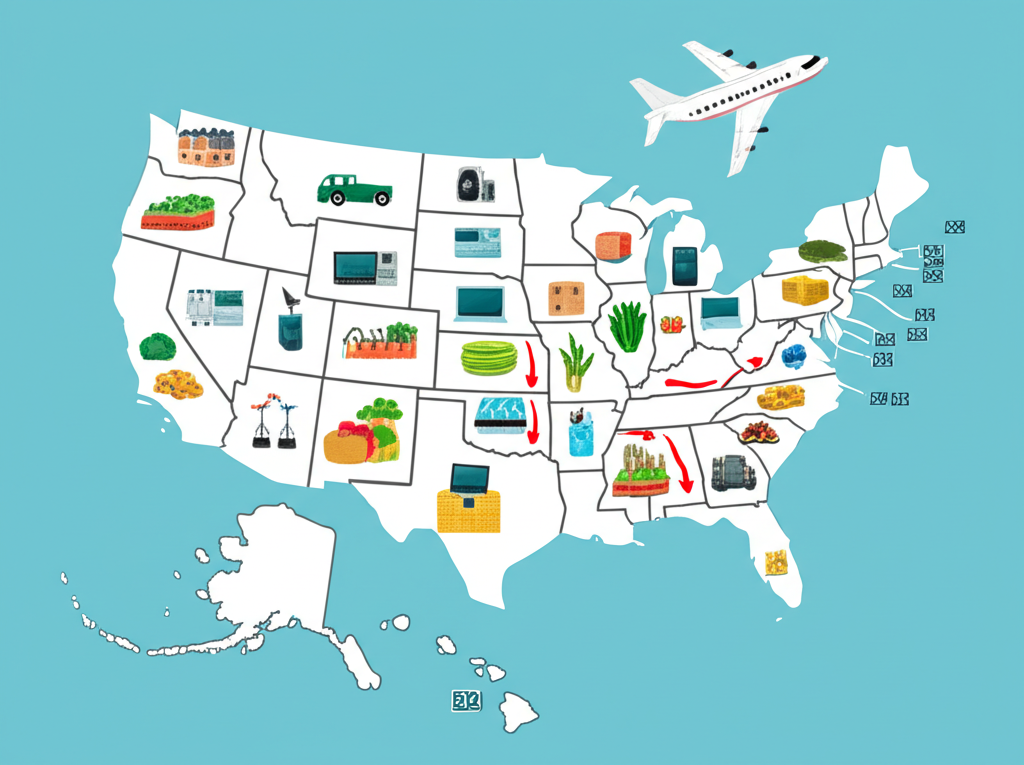 Illustration of the U.S. economy impacted by shipping costs, featuring goods transport and economic indicators