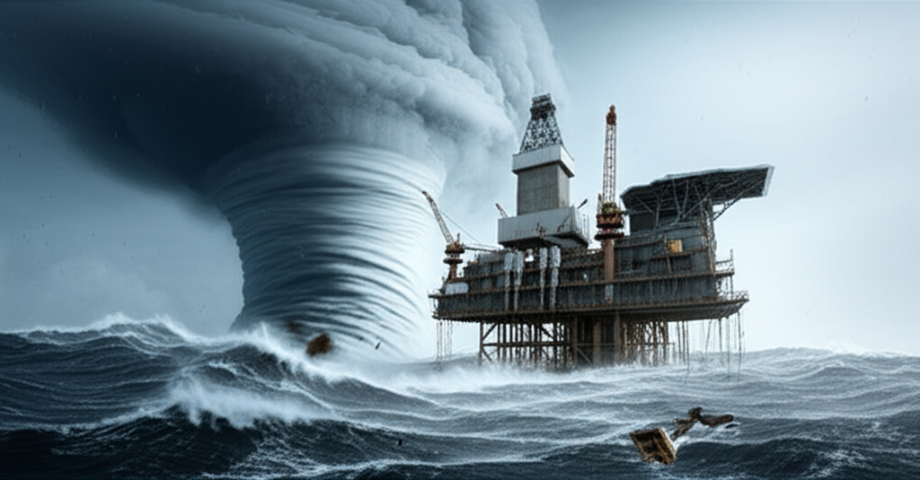 Hurricane approaching an offshore oil platform in the Gulf of Mexico with crashing waves and high winds