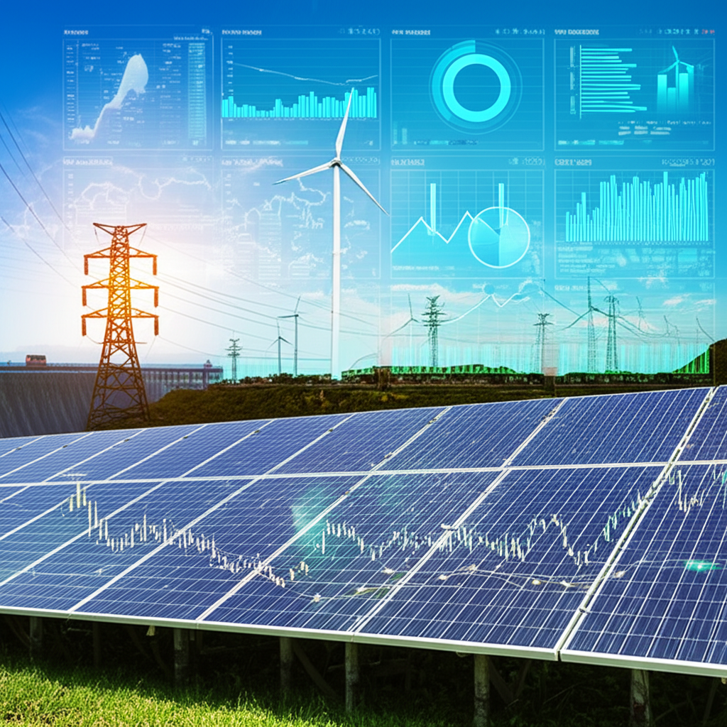 A modern visualization of a renewable energy grid integrated with real-time commodity market data and electricity flow analytics