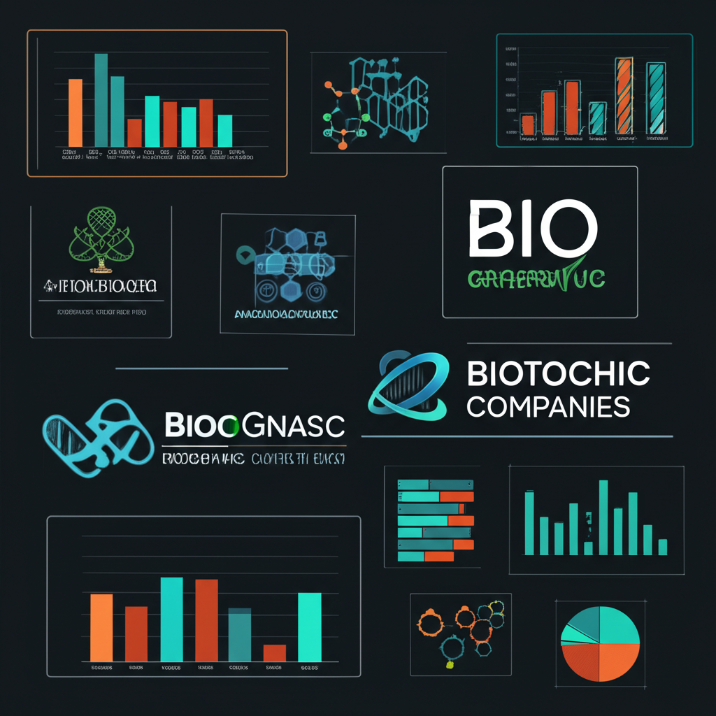 Diverse biotechnology companies represented with performance charts showing market trends and investment potential