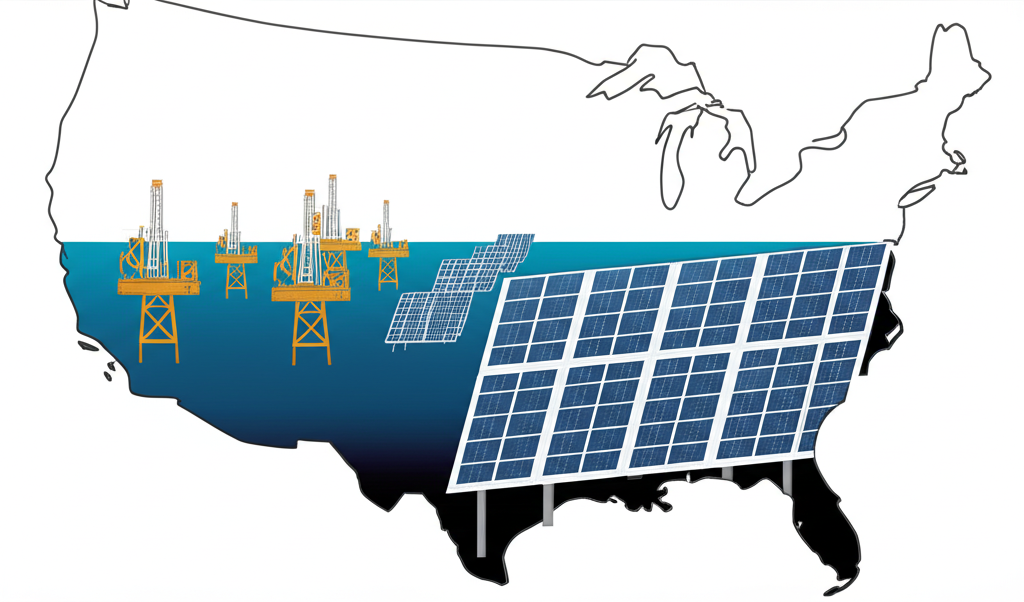 Oil rigs and solar panels overlaid on a US map illustrating the blend of traditional and renewable energy impacts