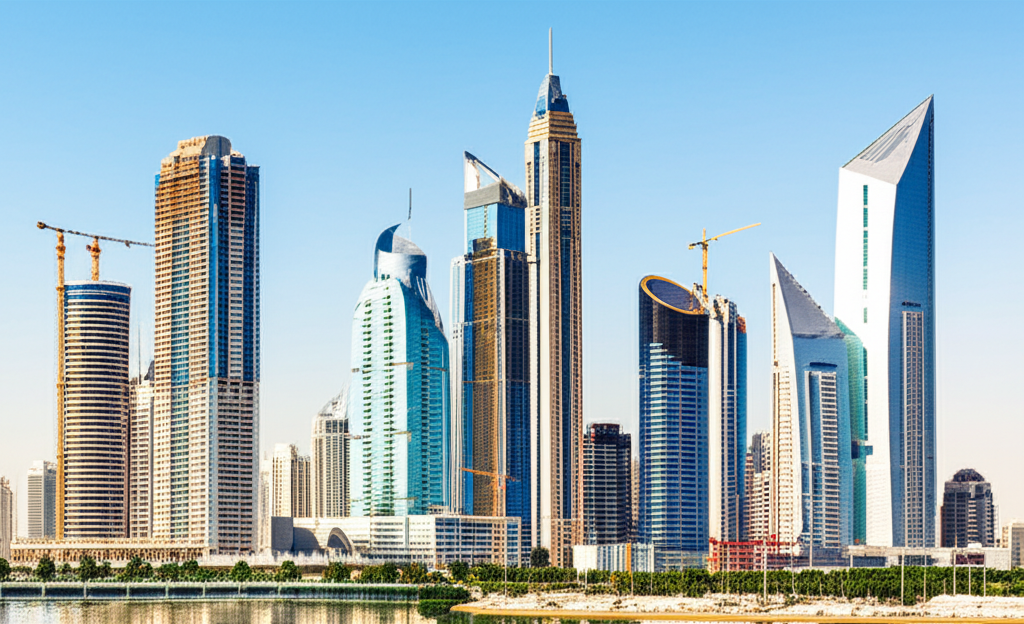 Vibrant skylines of major Middle Eastern cities like Dubai, Riyadh, and Tel Aviv, representing economic expansion and modernization