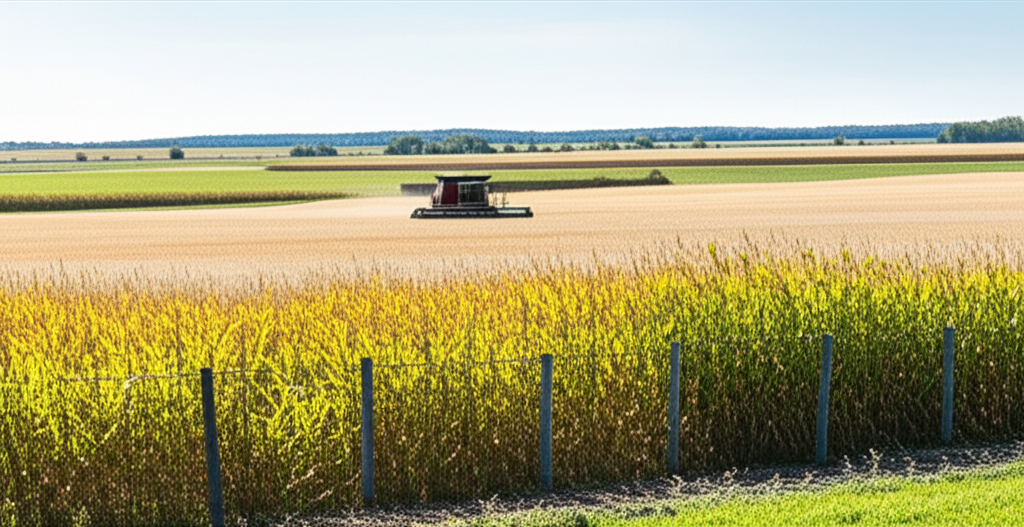 US biofuel farm landscape showing corn fields and ethanol processing facilities under a clear sky