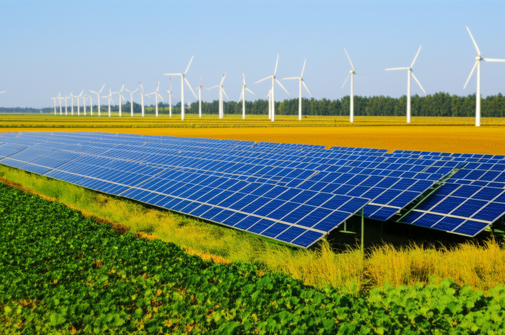 Sustainable energy agriculture with switchgrass fields and solar panels in a rural American setting