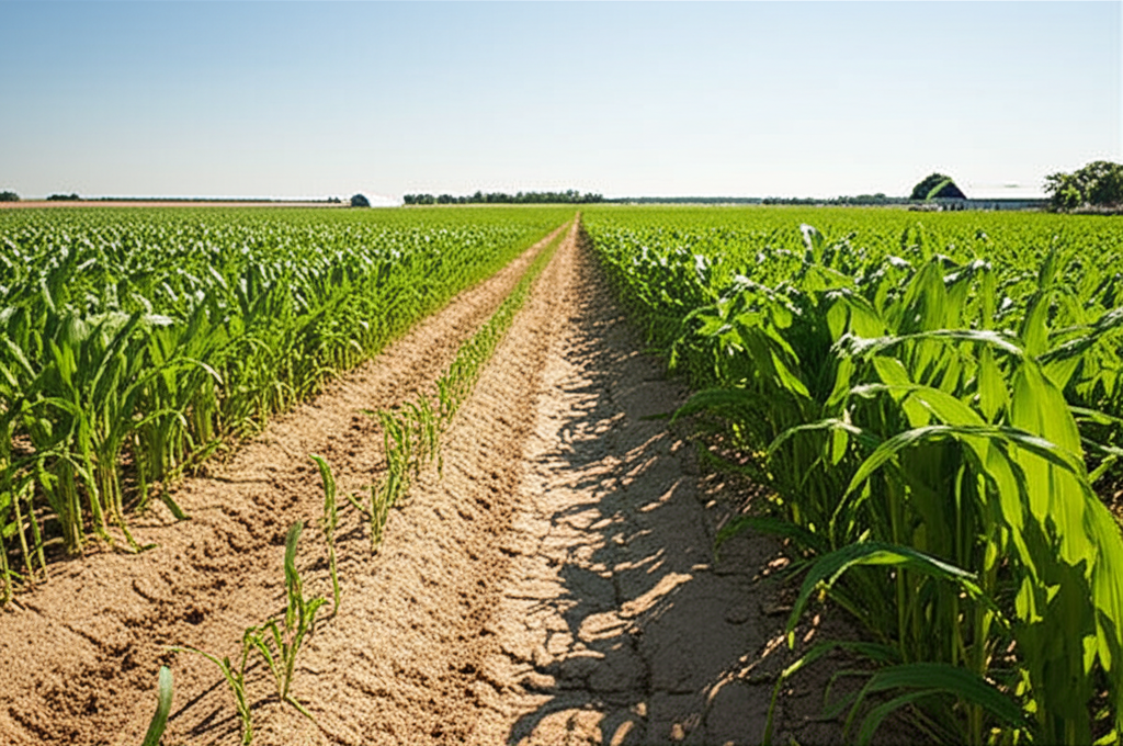 A US farm experiencing heat stress with wilting crops under intense sun