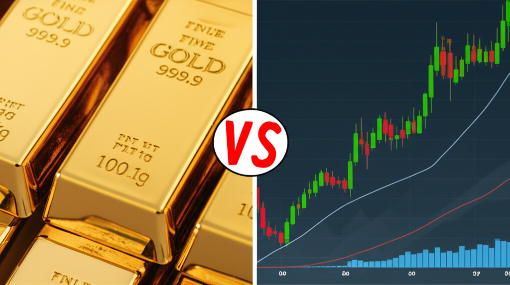 Gold bars versus stock market charts, symbolizing the contrast between commodities and equities during economic stress