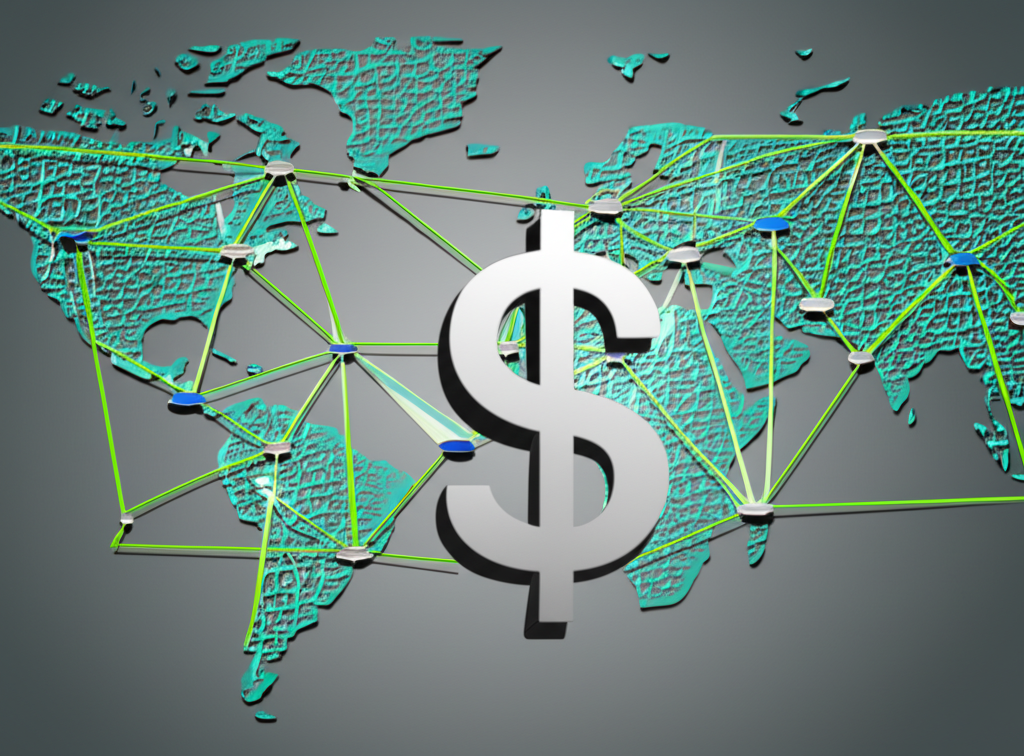 Visual representation of the U.S. dollar influencing global trade flows, with arrows showing commodity exports and imports tied to dollar strength