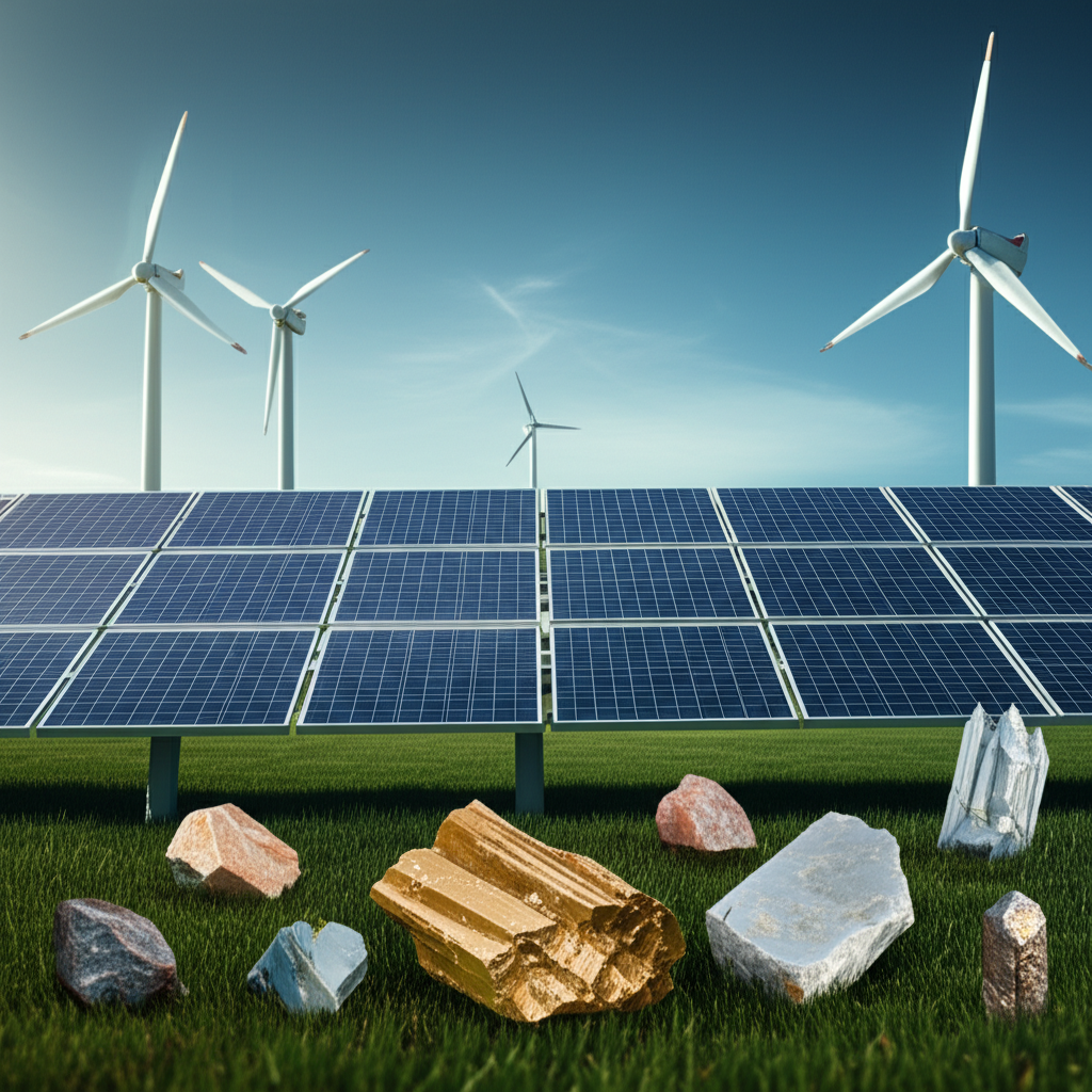 Visual representation of the green energy transition highlighting critical minerals such as lithium and cobalt used in batteries and renewable tech