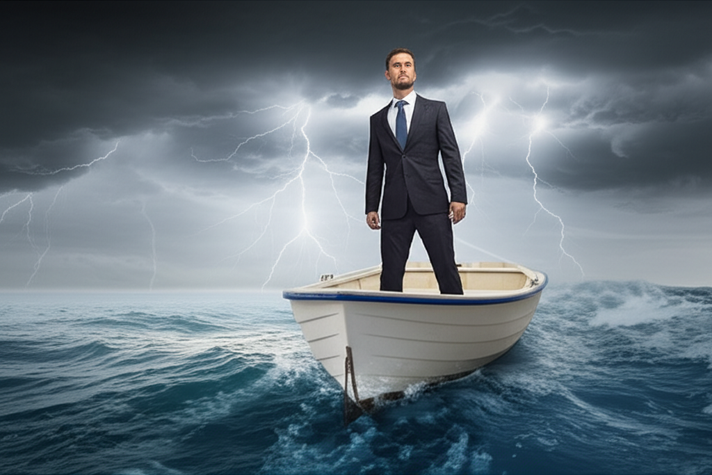 A U.S. investor using a compass to navigate through stormy financial markets, representing strategic decision-making during economic uncertainty