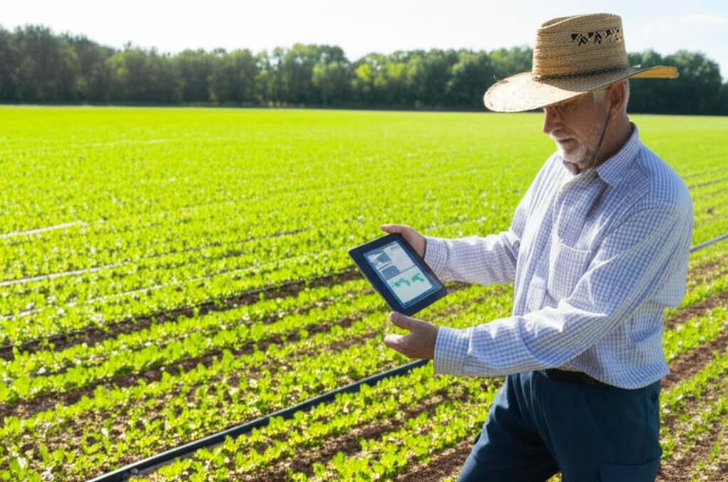 A farmer using new technology for water management on a modern US field
