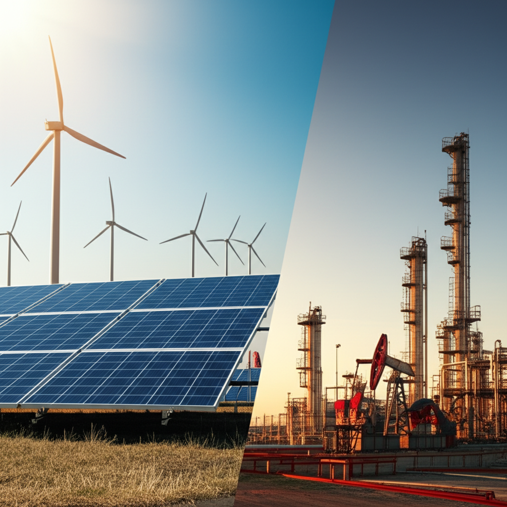 Comparison of renewable energy sources like solar panels and wind turbines against traditional oil assets