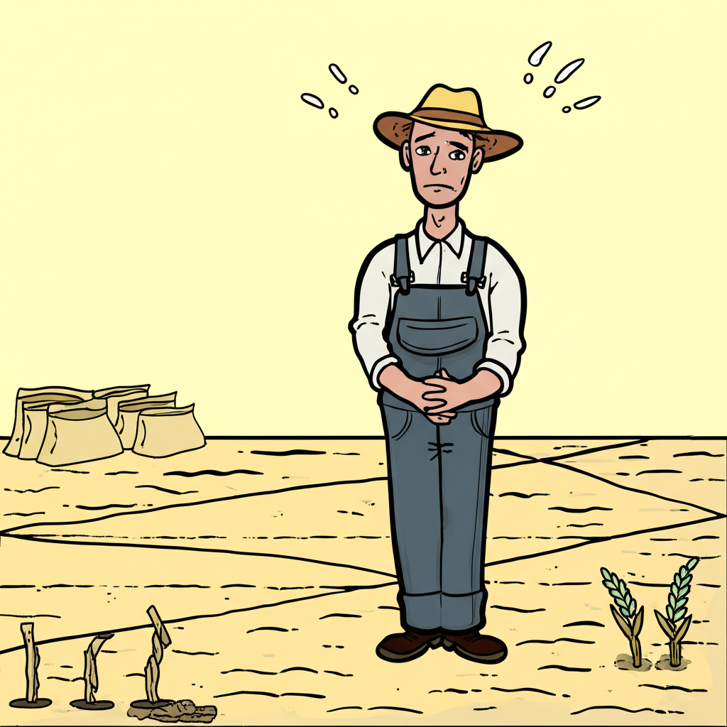 Farmer examining crops with a concerned expression amid rising fertilizer costs