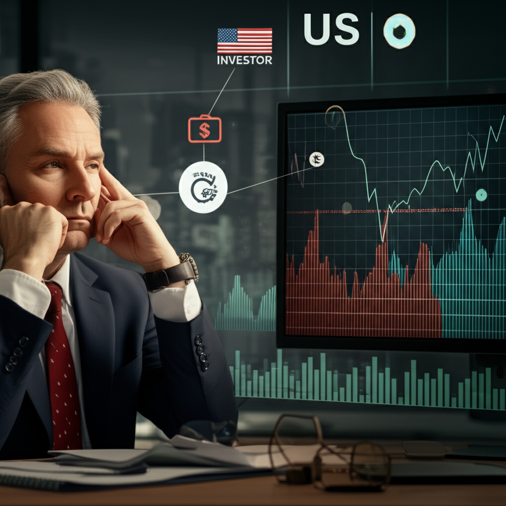 U.S. investor analyzing oil price chart with global risk indicators, including conflict zones and supply disruptions