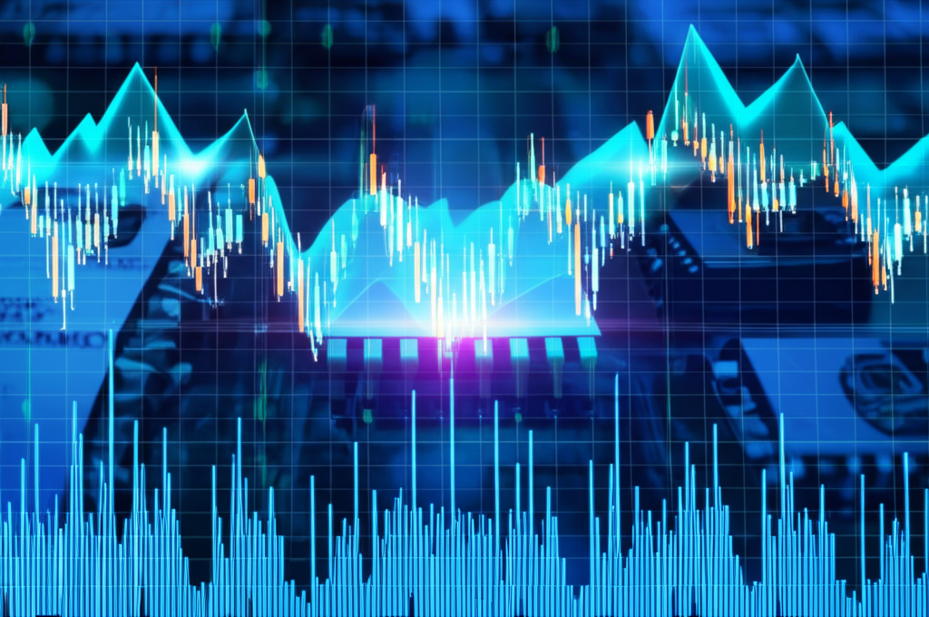 Semiconductor chips alongside rising stock market charts illustrating Taiwan's tech-driven growth