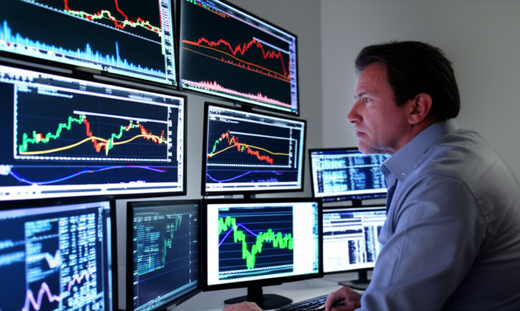 Investor analyzing volatile commodity markets on multiple screens showing charts, news feeds, and economic indicators