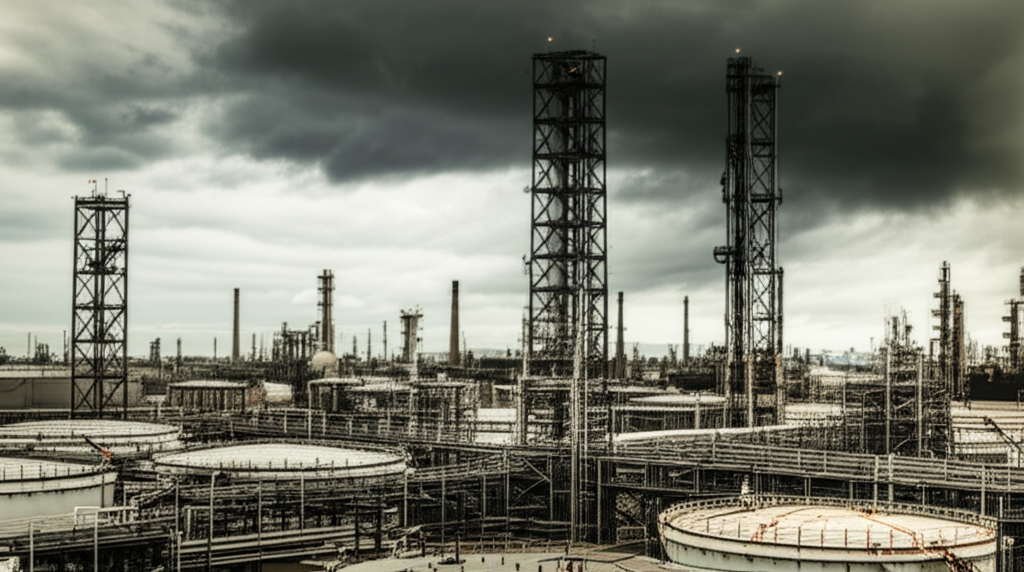 Large oil refinery on the U.S. Gulf Coast under dark storm clouds, with lightning in the distance and emergency lighting activated