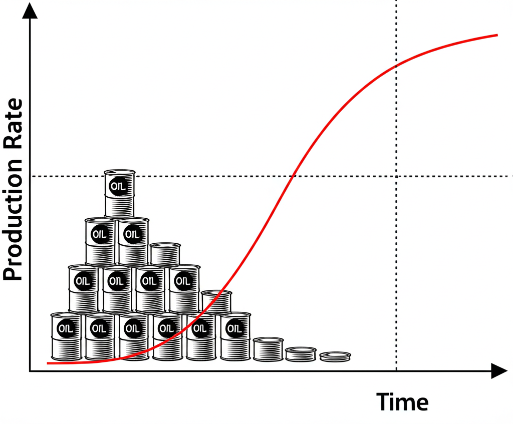 Illustration of the Hubbert curve depicting oil production trends alongside oil barrels