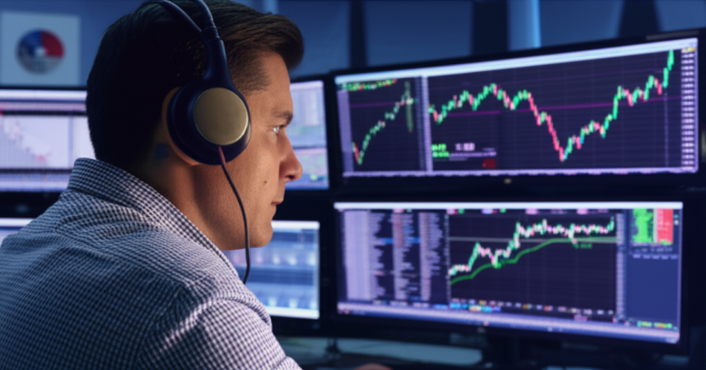 Trader analyzing charts with commodity symbols
