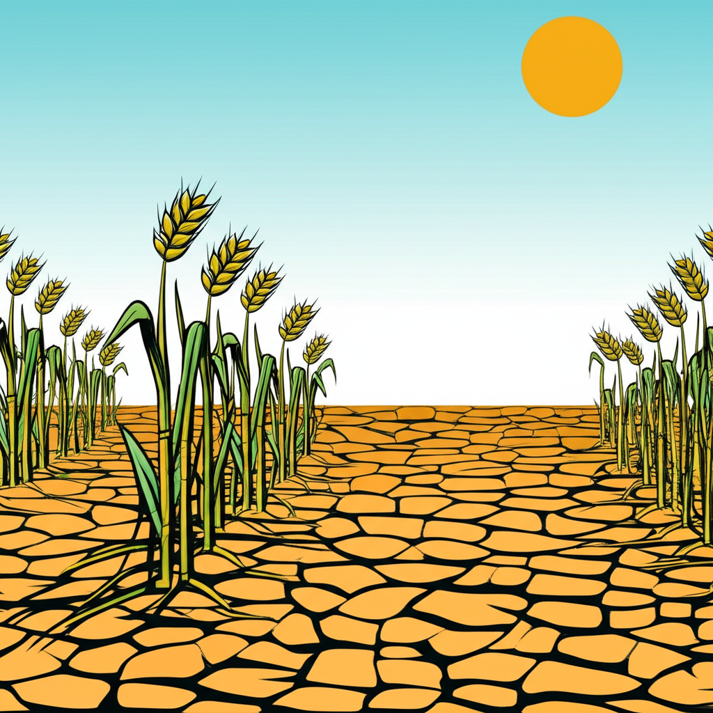Illustration of dry, cracked crop fields under a cloudless sky in the United States