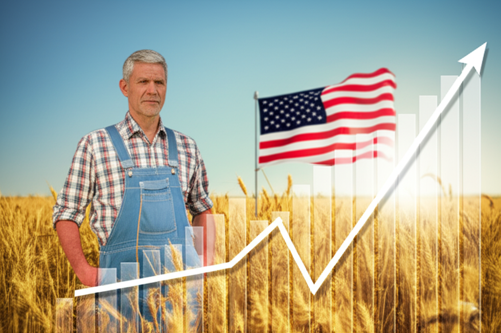 American farmer reviewing a rising wheat price chart against a backdrop of the U.S. flag
