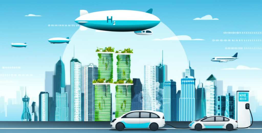 Visual representation of clean hydrogen energy powering a sustainable future with wind turbines and fuel cells