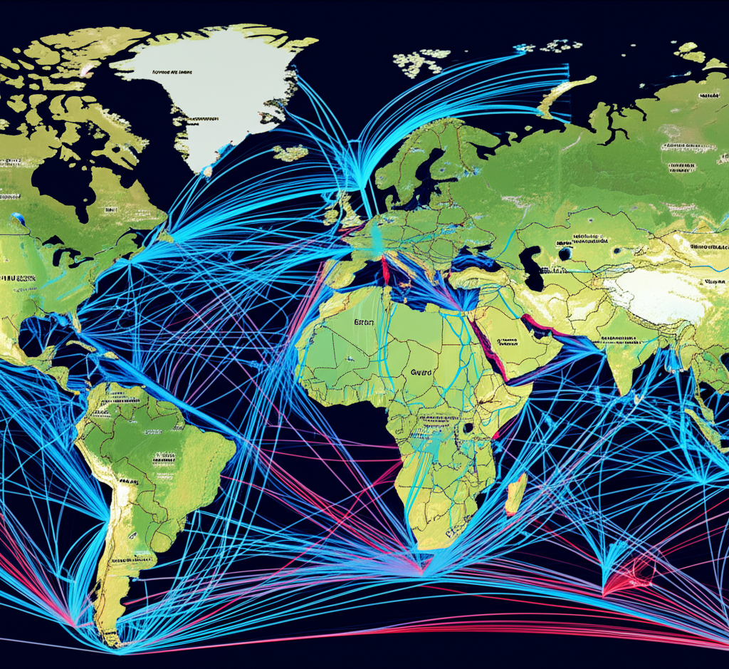 Illustration of a world map with glowing trade routes connecting the United States to global markets, symbolizing interconnected commodity flows