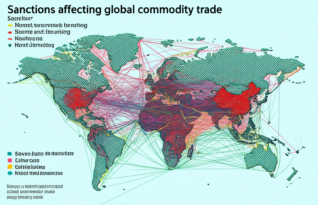 Global map showing trade routes disrupted by economic sanctions, highlighting energy, mineral, and agricultural flows affected by geopolitical tensions