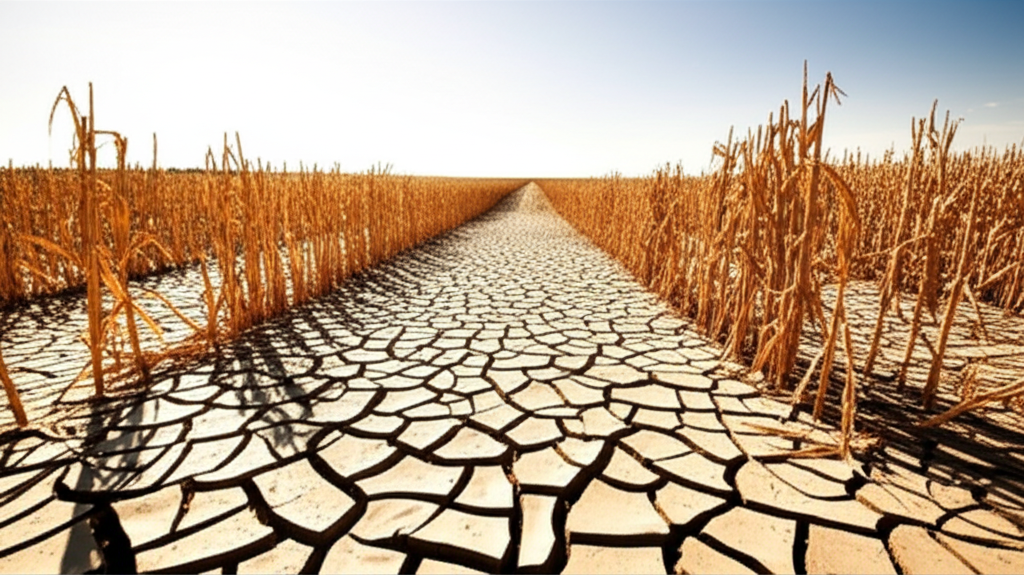 Dry fields and wilting crops across the American Midwest during an extended drought period