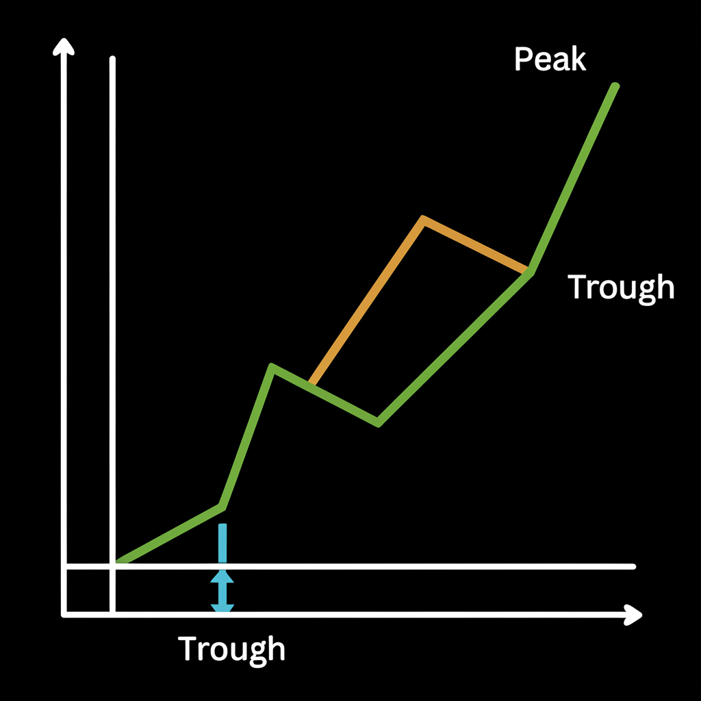 Illustration showing the peaks and troughs of commodity market cycles, highlighting expansion, peak, contraction, and trough phases across time.