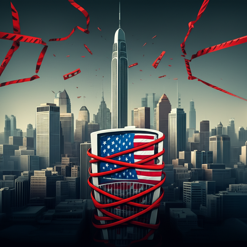 Illustration depicting sanctions impacting U.S. economic sectors such as energy, agriculture, and manufacturing