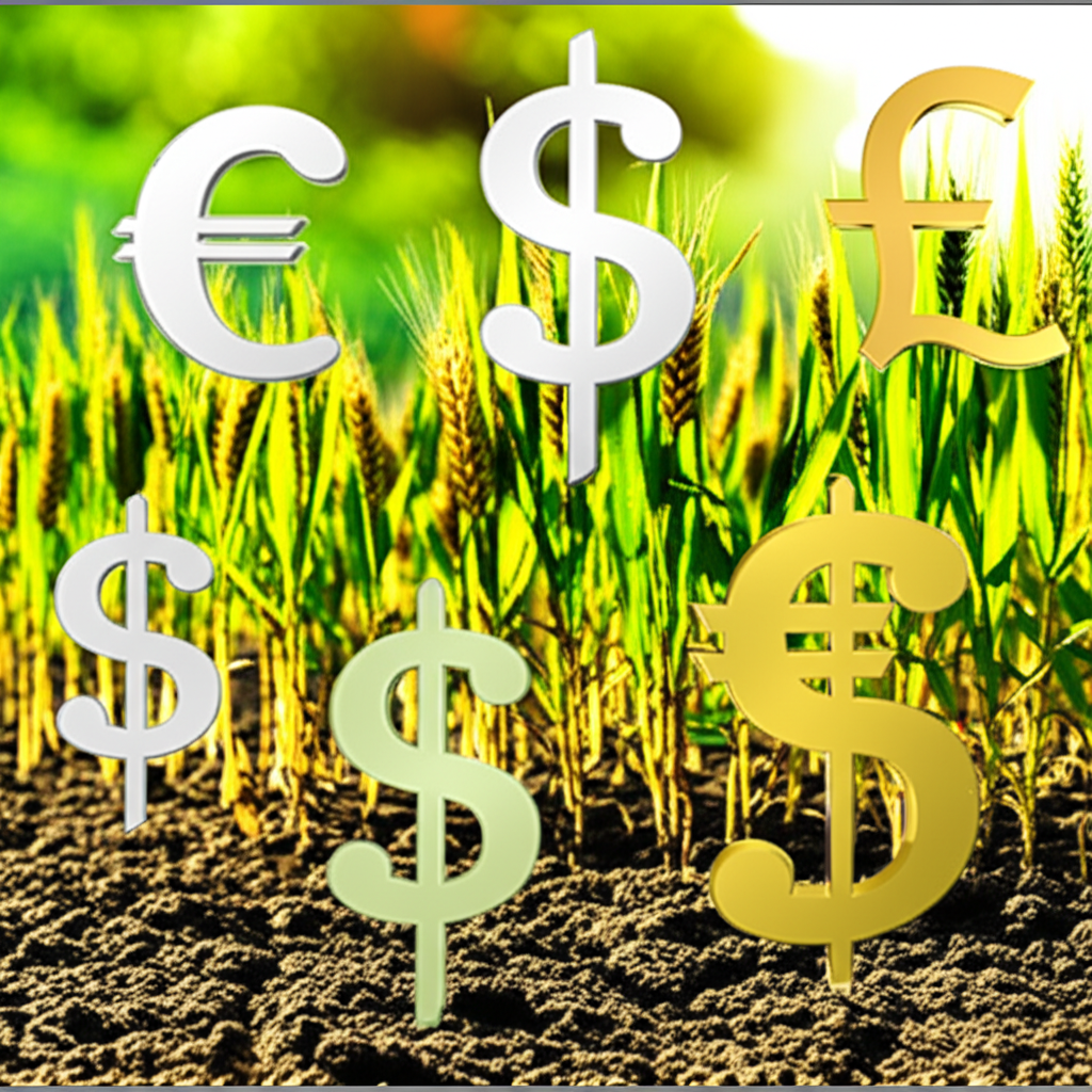 Diverse crops growing in fields with overlaid money symbols representing investment potential